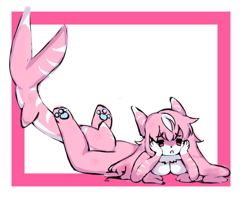 1girls anthro blue_pawpads breasts cute female female_focus ghwost kaiju_paradise kawaii_shork_(kaiju_paradise) laying_on_stomach no_nipples on_ground pink_eyes pink_hair roblox roblox_game shark shark_girl shark_humanoid shark_tail shorks_(kaiju_paradise) solo solo_female tagme white_hair