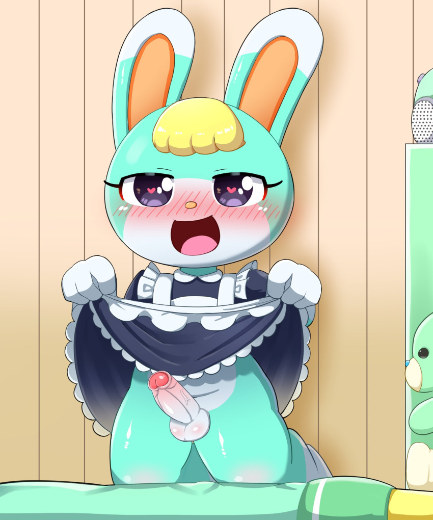 <3_eyes 0227 1boy animal_crossing anthro balls blonde_hair blush clothed clothing clothing_lift dress dress_lift erection foreskin fur genitals green_body green_fur hair heart hi_res kneeling lagomorph leporid maid_uniform male male_only mammal nintendo open_mouth open_smile penis purple_eyes rabbit sasha_(animal_crossing) smile solo uniform video_games