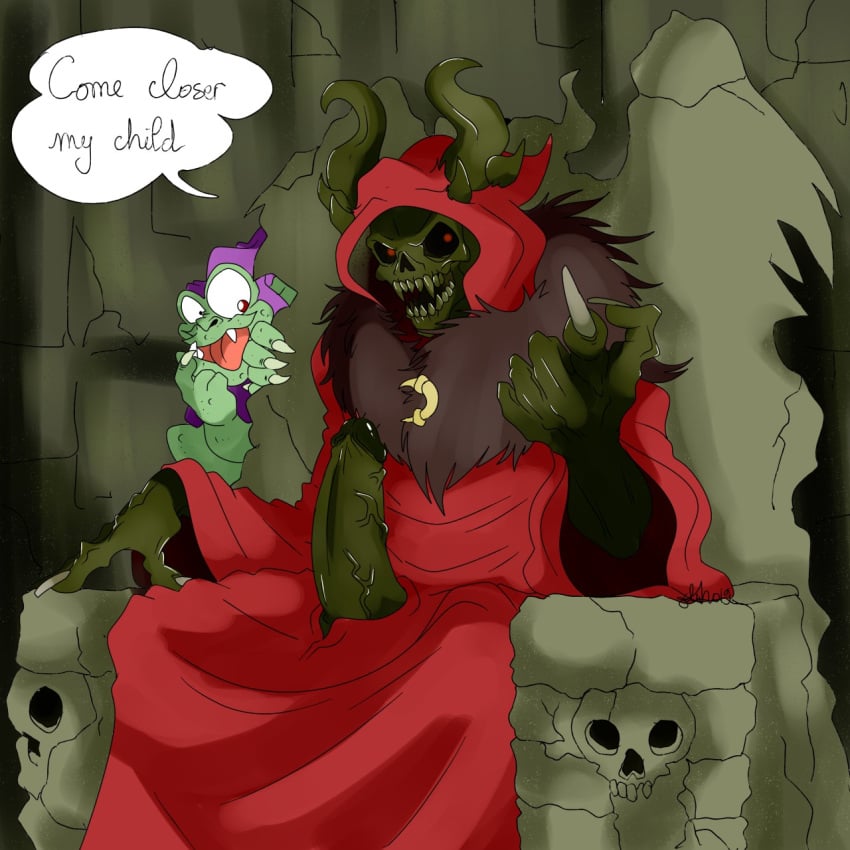 beckoning claws creeper_(black_cauldron) disney disney_villains english_text hood horned_king lich male male_only monster nelsonnoir red_eyes robe skull the_black_cauldron undead veiny_penis