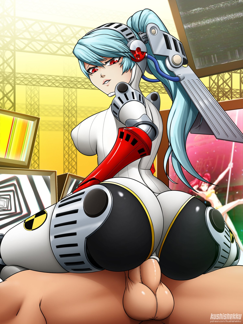 1boy 2girls anal android ass blue_hair breasts female kujikawa_rise kushishekku labrys male megami_tensei persona persona_4 persona_4_arena red_eyes robot robot_girl