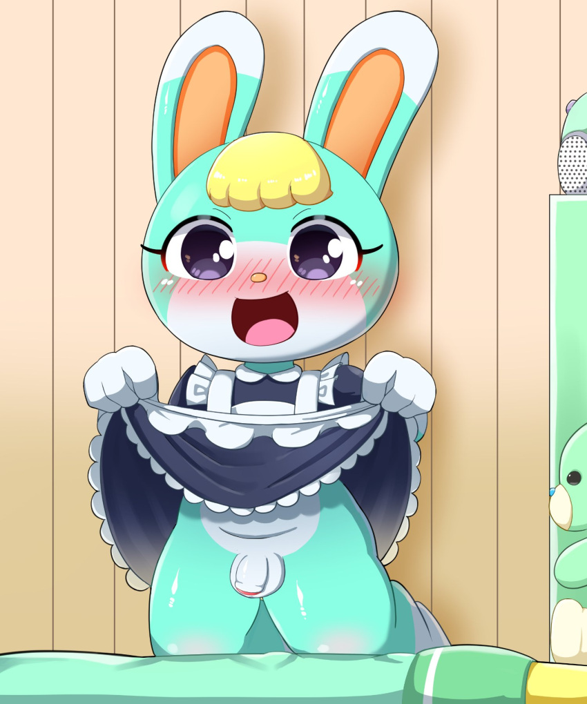 0227 1boy animal_crossing anthro balls blonde_hair blush clothed clothing clothing_lift crossdressing dress dress_lift flaccid fur genitals green_body green_fur hair hi_res kneeling lagomorph leporid maid_uniform male male_only mammal nintendo open_mouth open_smile penis purple_eyes rabbit sasha_(animal_crossing) smile solo uniform video_games