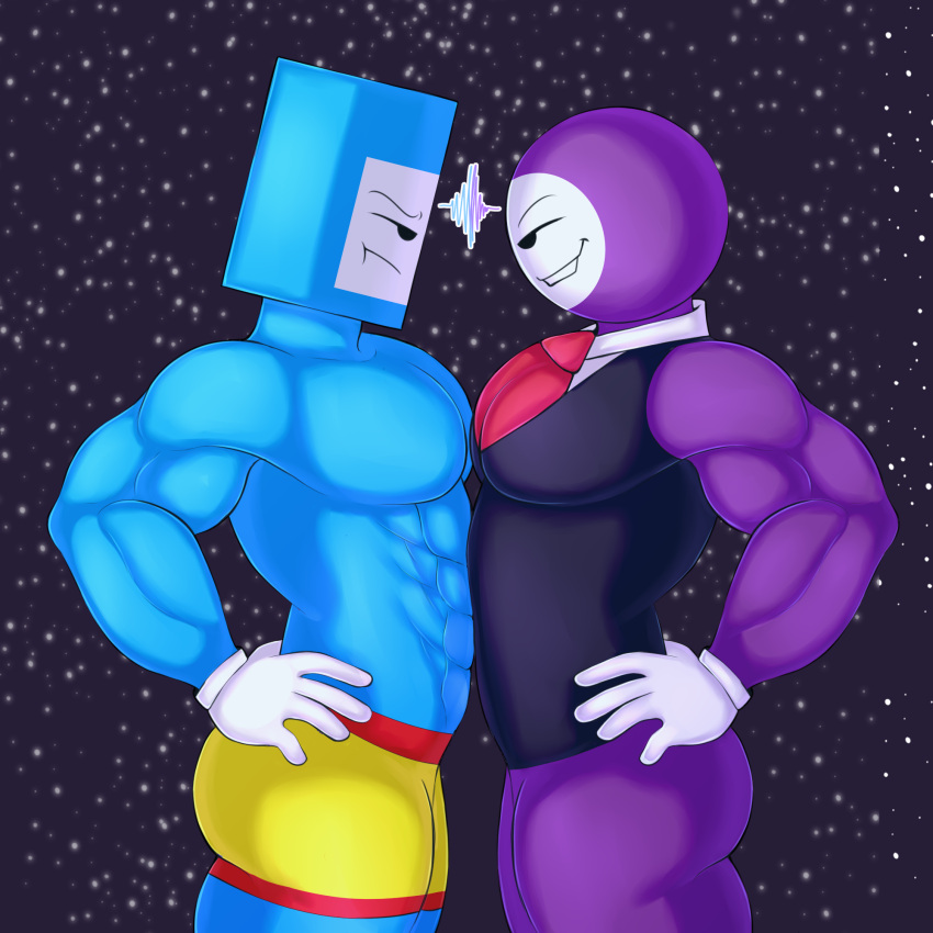 2boys abs alien_humanoid annoyed bara big_breasts big_butt big_pecs cosmic_dancers defined_muscles gloves hands_on_hips male male/male male_only mob_face muscle_growth muscle_tone muscles muscular muscular_arms muscular_male no_genitals no_nose no_pants object_head paddler pecs peekleek rhythm_heaven shirtless shirtless_(male) short_shorts six_pack smug thick_thighs