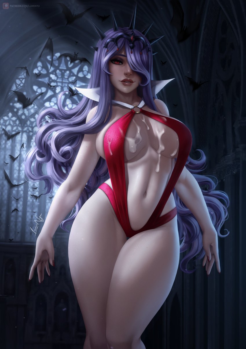 1girls alternate_costume arms_at_sides bare_shoulders bat bats big_breasts breasts camilla_(fire_emblem) center_opening cleavage commentary cosplay cum cum_between_breasts cum_drip cum_dripping cum_on_body cum_on_breasts cum_on_chest cum_on_clothes cum_on_upper_body cumshot curly_hair curvaceous curvy english_commentary female female_only fire_emblem fire_emblem_fates hair_ornament hair_over_one_eye hartman_hips highleg highleg_leotard highres hips indoors large_breasts legs_together leotard lips long_hair looking_at_viewer luminyu mole mole_on_breast nail_polish navel nintendo pale-skinned_female pale_skin parted_lips patreon_logo purple_hair red_eyes red_leotard red_nails smile smiling solo standing stomach strapless strapless_leotard thick_thighs thigh_gap thighs tiara vampirella vampirella_(character) vampirella_(cosplay) very_long_hair video_game video_game_character video_games voluptuous web_address wide_hips