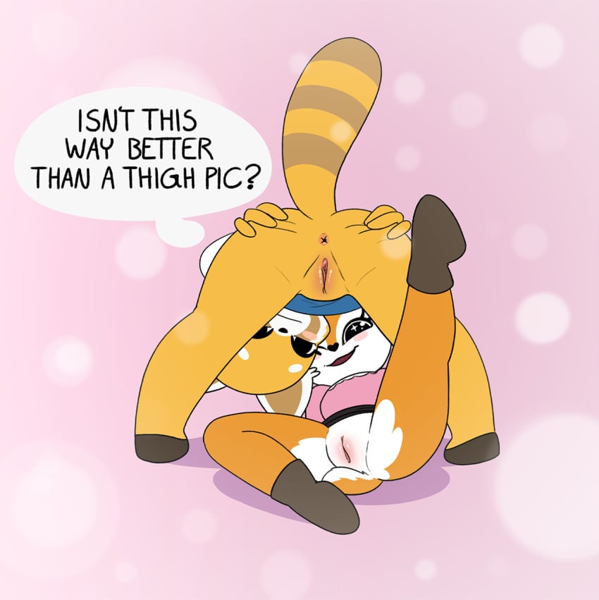 2019 2girls absurd_res aggressive_retsuko ailurid antelope anthro anus black_nose blush bovid clothing comic dialogue digital_media_(artwork) duo english_text female female_only fur furry furry_only gazelle hi_res mammal office_lady orange_fur presenting presenting_anus presenting_hindquarters presenting_pussy pussy red_panda retsuko sanrio smooth_fur starshippizza tail text tsunoda white_fur