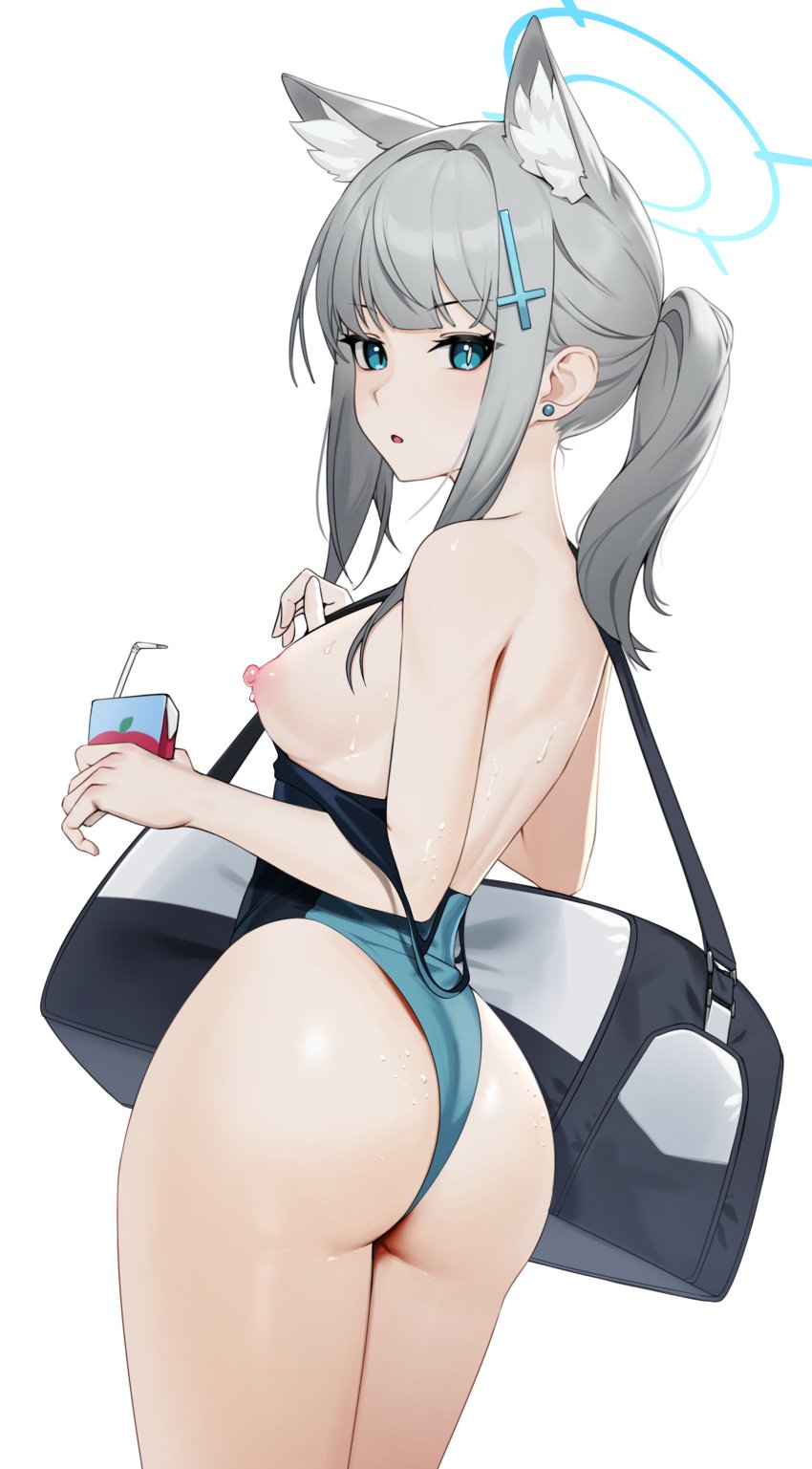 1girls :0 abydos_high_school_student accidental_exposure animal_ears areolae ass bag bare_back bare_shoulders big_ass big_breasts blue_archive blue_eyes blush breasts cute earrings ett exposed_breasts female female_only foreclosure_task_force_(blue_archive) grey_fur hairclip halo highres juice light-skinned_female long_hair looking_at_viewer looking_back medium_breasts nipples one-piece_swimsuit open_mouth pink_nipples ponytail shiroko_(blue_archive) shiroko_(swimsuit)_(blue_archive) solo swimsuit swimsuit_down thick_thighs thighs wardrobe_malfunction wet wet_breasts wet_skin white_background