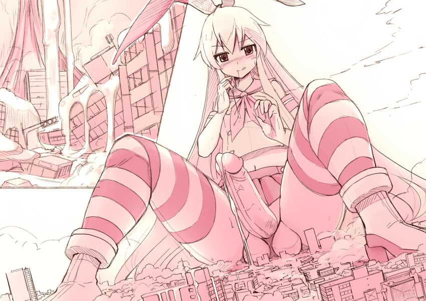 1futa big_penis bottomless city clothed clothing cum cum_everywhere cum_flood destruction erect_penis erection flooding futa_giantess futa_only futanari giant giant_futanari giantess huge_balls huge_cock human ineffective_clothing kantai_collection licking_lips light-skinned_futanari light_skin macro macro_futa partially_clothed penis seo_tatsuya shimakaze_(kantai_collection) solo striped_legwear