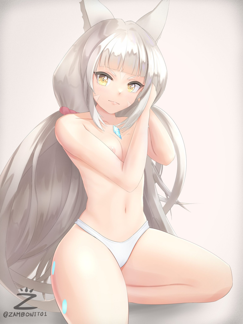 1girls areola breasts cat_ears female female_only hair_tie jewelry kneeling long_hair navel nia nia_(blade) nia_(xenoblade) small_breasts solo_female tagme thick_thighs topless white_hair xenoblade_(series) xenoblade_chronicles_2 yellow_eyes zambonito