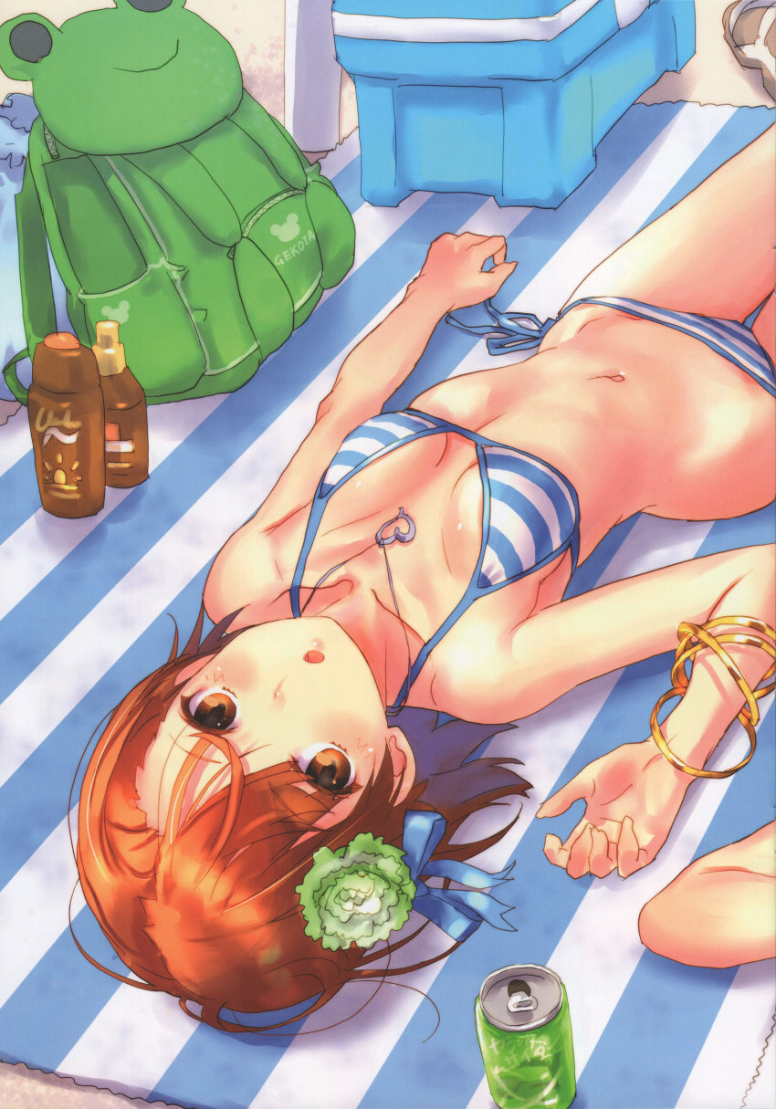 1girls absurd_res backpack bag bangs beach_towel bikini blush bracelet breasts brown_eyes brown_hair can clone collarbone day eyebrows_visible_through_hair female flower gekota hair_flower hair_ornament huge_filesize jewelry looking_at_viewer lotion_bottle lying medium_breasts misaka_imouto navel necklace open_mouth outdoors raika9 scan shimapan shiny shiny_skin soda_can solo stomach striped striped_bikini striped_towel swimsuit teenage_girl teenager to_aru_kagaku_no_railgun to_aru_majutsu_no_index towel_on_head young