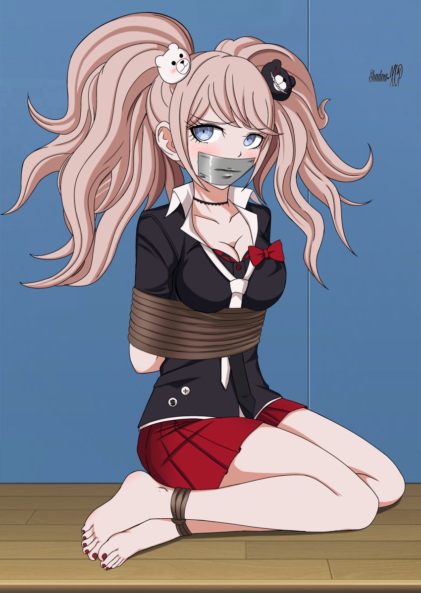 blonde_hair bondage danganronpa danganronpa:_trigger_happy_havoc feet gag gyaru junko_enoshima red_toenails shadow-xcp straight_hair tape tape_gag taped_mouth toenail_polish