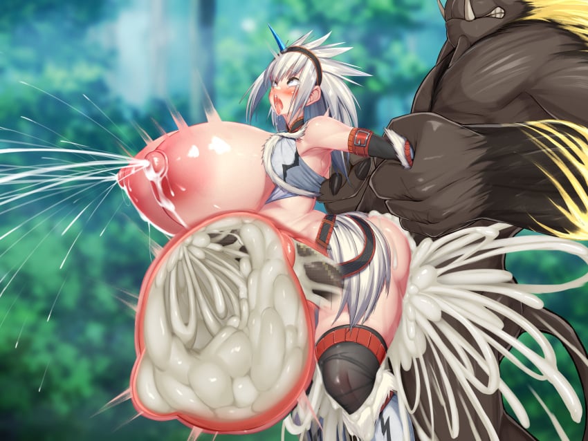 1monster big_breasts blush breasts busty capcom censored censored_penis female forest from_behind gigantic_breasts grabbing grabbing_from_behind huge_breasts human hyper inflation kawahagitei kirin_(armor) large_breasts massive_breasts monster monster_hunter nipples rajang tagme thick_thighs thighhighs thighs white_fur white_hair wood