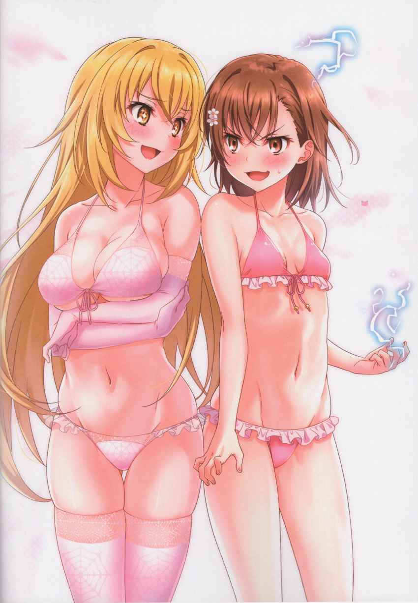 +_+ 2girls absurd_res arms_under_breasts ass_visible_through_thighs bangs bare_shoulders bare_thighs bikini biribiri blonde_hair blush breast_envy breasts brown_eyes brown_hair cleavage collarbone crossed_arms elbow_gloves electricity electrokinesis esper eyebrows_visible_through_hair fantasy feet_out_of_frame frilled_bikini frills front-tie_bikini front-tie_top gloves hair_between_eyes hair_ornament hips huge_filesize isshi_pyuma large_breasts long_hair looking_at_another medium_hair misaka_mikoto multicolored_eyes multiple_girls navel open_mouth pink_bikini psychic rivals scan shokuhou_misaki short_hair small_breasts smile socks sparkle sparkling_eyes star-shaped_pupils star_(symbol) stomach swimsuit symbol-shaped_pupils teenage_girl teenager thigh_socks thighhighs thighs to_aru_kagaku_no_railgun to_aru_majutsu_no_index v-shaped_eyebrows very_long_hair white_gloves white_socks yellow_eyes young