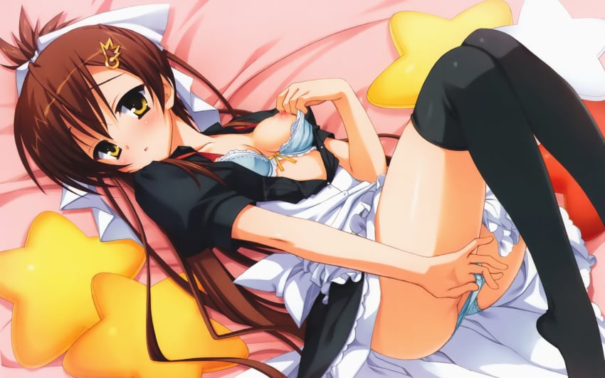 bra brown_hair kobuichi nipples panty_pull tenshinranman thighhighs underwear yamabuki_aoi yellow_eyes