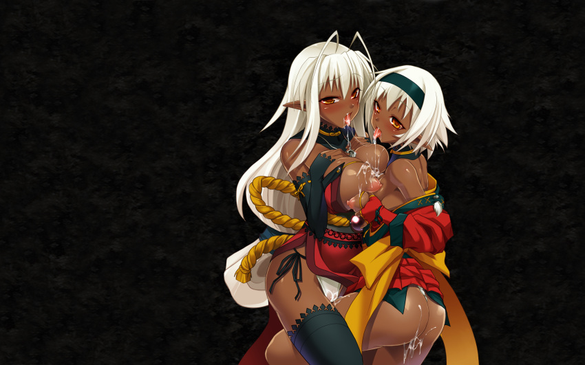 2girls ass breasts cum elf female kouki_kuu long_hair multiple_girls nidaime_muramasa nitroplus orange_eyes panties sandaime_muramasa short_hair soukou_akki_muramasa thighhighs underwear white_hair yuri