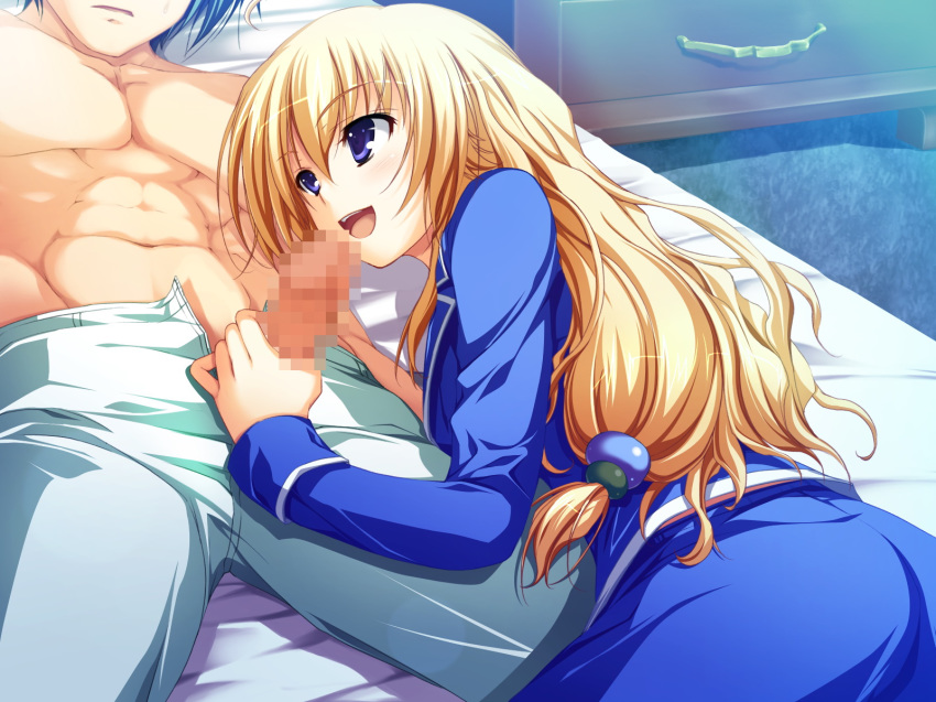 1boy 1girls akatsuki_no_goei asagiri_kaito blonde_hair censored fellatio female game_cg hair handjob kurayashiki_tae male mugenkidou oral pajamas penis straight tekoki tomose_shunsaku