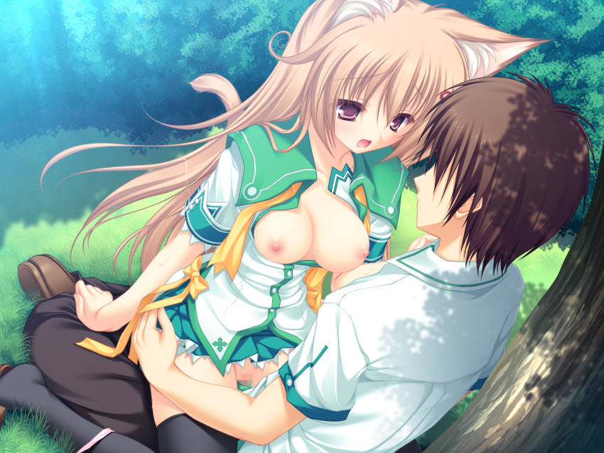 animal_ear breasts brown_hair catgirl censored fur game_cg mikagami_mamizu neko_koi nipples open_clothes open_shirt ryuudou_misaki sex shirt whirlpool