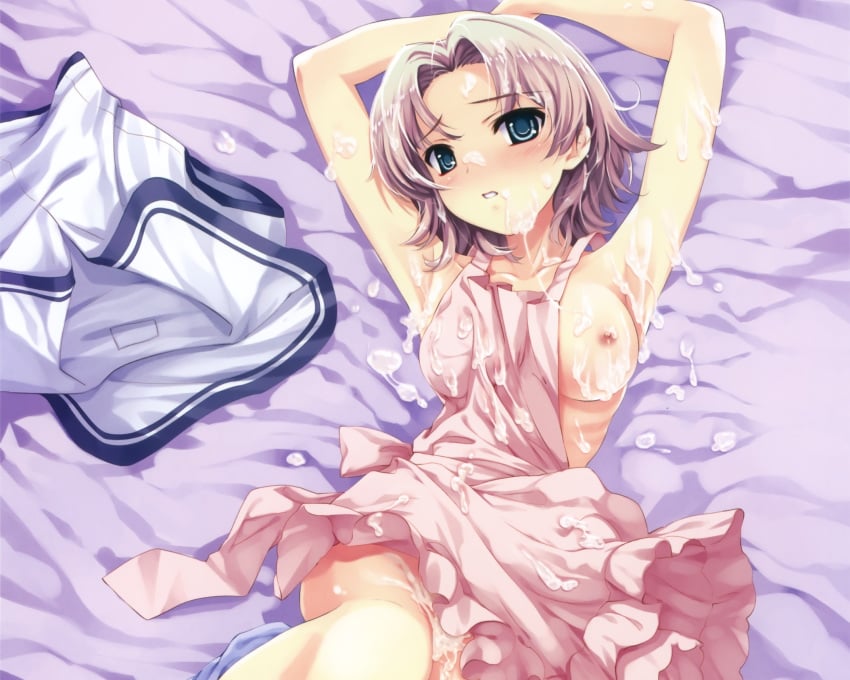 bed breasts color cum deep_blue_sky_&_pure_white_wings hanami_mar'ya misaki_kurehito naked_apron nipples short_hair