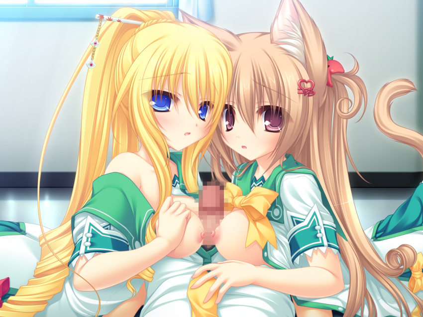 animal_ears blonde_hair blue_eyes blush breasts brown_hair catgirl censored female fur game_cg koshimizu_rei male mikagami_mamizu neko_koi nipples paizuri penis ryuudou_misaki straight tail whirlpool