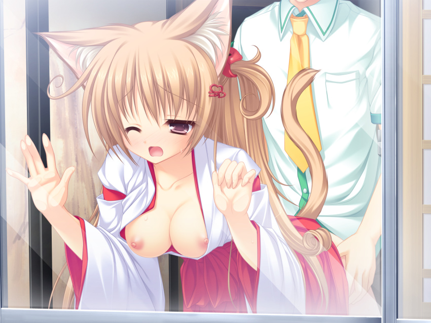 animal_ear blush breasts brown_hair catgirl game_cg mikagami_mamizu neko_koi nipples ryuudou_misaki sex tail whirlpool