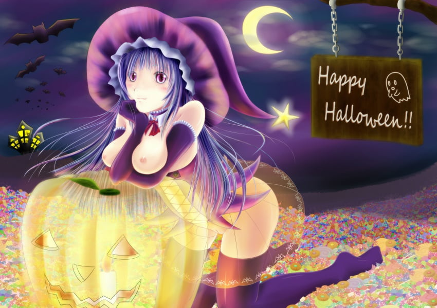 1girls ass bare_shoulders bat blue_hair blush breasts corset crescent_moon female halloween happy_halloween harimu_(artist) harimu_ohagi hat high_resolution jack-o'-lantern kneeling long_hair moon night night_sky no_panties original pumpkin purple_eyes purple_legwear purple_thighhighs pussy sky solo star thighhighs uncensored witch_hat