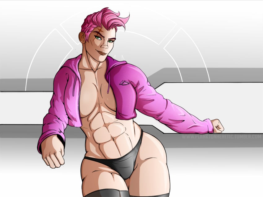 1girls 2d abs blizzard_entertainment breasts cleavage female female_only full_cleavage green_eyes hoodie large_breasts looking_at_viewer muscle muscular muscular_female overwatch panties pink_hair planktonheretic short_hair smile solo thick_thighs thighhighs wide_hips zarya