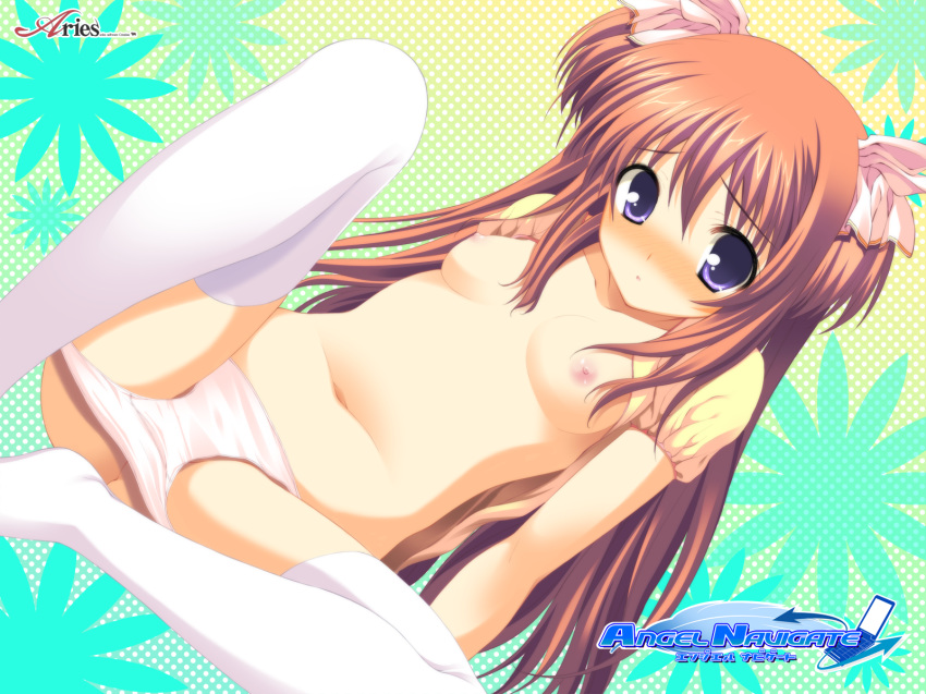 angel_navigate blush breasts brown_hair inuzumi_masaki long_hair nipples panties purple_eyes sasaya_nana thighhighs underwear