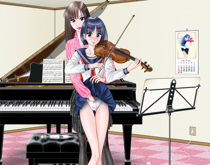 2girls blue_eyes blue_hair blush brown_hair clothing female fingering instrument long_hair multiple_girls original panties piano school_uniform seifuku skirt underwear vibrator violin yuri