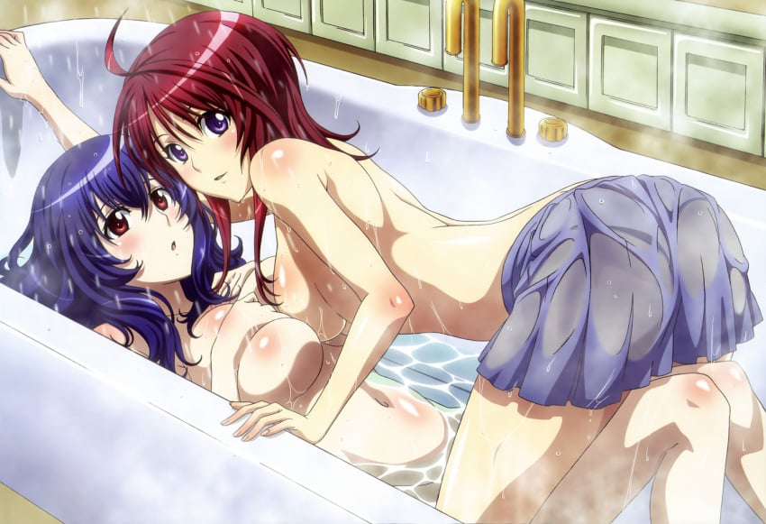 bath bathtub breast_grab female hoods_entertainment multiple_girls nude official_art oribe_mafuyu seikon_no_qwaser skirt topless wet yamanobe_tomo yuri