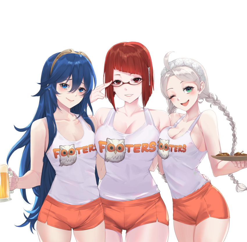 3girls absurdres adjusting_eyewear ahoge alcohol alternate_costume bangs bare_shoulders beer beer_mug blue_eyes blue_hair braid breast_press breasts chicken_(food) chicken_wing closed_mouth commission cup feh_(fire_emblem_heroes) female female_only fire_emblem fire_emblem_awakening fire_emblem_fates fire_emblem_heroes food glasses highres holding holding_tray hooters hug large_breasts lineup long_hair looking_at_viewer lucina_(fire_emblem) medium_breasts medium_hair miriel_(fire_emblem) mug multiple_girls nina_(fire_emblem) nintendo non-web_source open_mouth red_eyes red_hair ritence short_shorts shorts small_breasts smile tank_top teeth thighhighs tiara tray twin_braids upper_body upper_teeth waitress white_hair