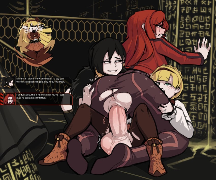 1boy 3girls angry big_ass big_balls binah black_hair blush boxman captured catsuit cowgirl_position dialogue dubious_consent embarrassed endured_face english_text gebura_(lobotomy_corporation) huge_cock hyper_penis lobotomy_corporation penetration penis project_moon pussy red_hair scar sex smug tiphereth_(lobotomy_corporation) torn_clothes vaginal_penetration yellow_hair