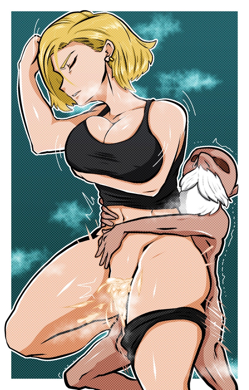 1boy 1girls android android_18 black_panties black_underwear blonde_hair color cum cum_in_pussy cum_inside dragon_ball dragon_ball_z emotionless expressionless highres hman male/female master_roshi netorare old_man older_male rape robot robot_girl sex simple_background size_difference sleep_molestation sleeping straight sweat tank_top uncomfortable unconscious underwear vaginal_penetration vaginal_sex younger_female