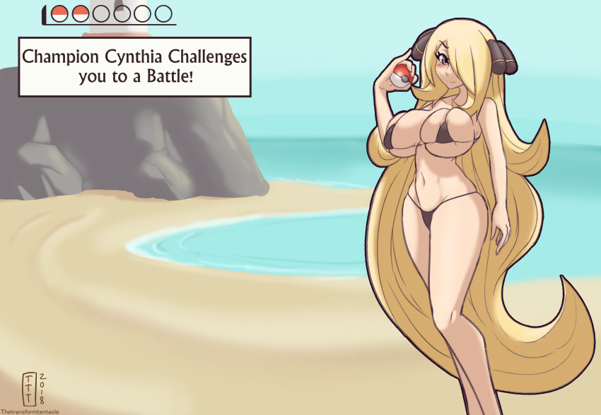 1girls alternate_breast_size big_breasts bikini bursting_breasts cynthia_(pokemon) enormous_breasts huge_breasts long_hair pokeball pokemon smile tagme text thetransformtentacle