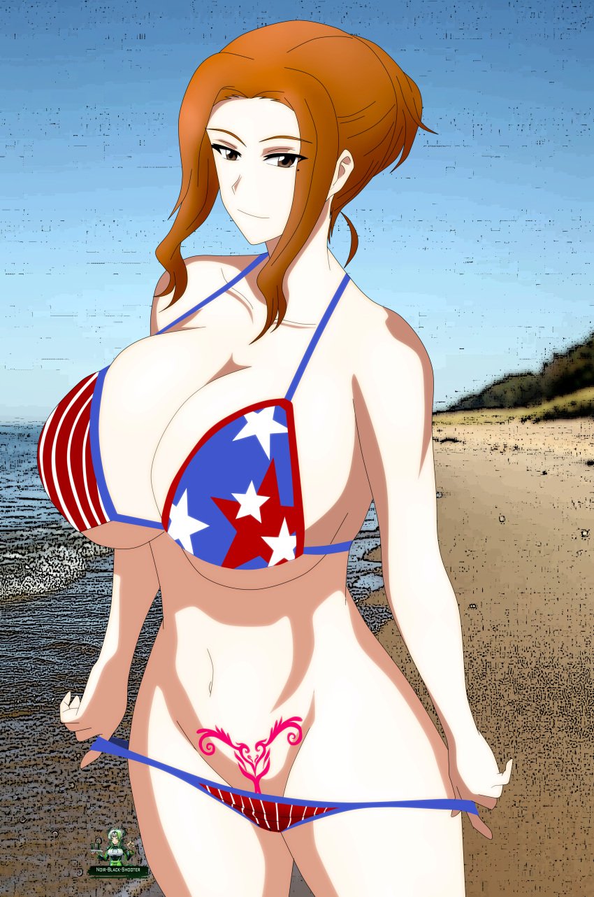 american_flag_bikini bikini brown_eyes female milf noir-black-shooter orange_hair tachibana-san-chi_no_dansei_jijou tachibana_kyouka tattoo tattoo_on_belly