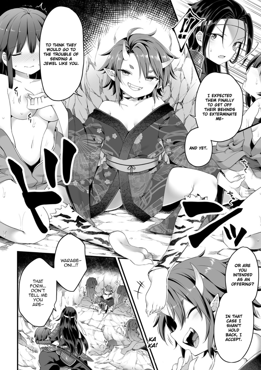 armor big_breasts censored doujinshi english_dialogue english_text harusame headband horns kimono long_hair monochrome oni original samurai short_hair small_breasts sweat sweatdrop sword translated yuri