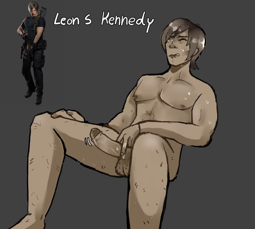 1boy balls ballsack bedsidecake cum hairy_balls hairy_legs hairy_male human leon_scott_kennedy male male_only one_eye_closed one_eye_open penis penis_out resident_evil resident_evil_4 resident_evil_remake solo sweat sweatdrop sweating