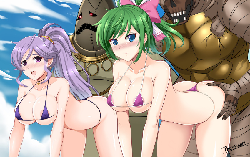 2girls 2monsters ambiguous_penetration areolae ass ass_grab bangs bent_over bikini blush bow breasts cleavage dancer doggy_style earrings fire_emblem fire_emblem:_genealogy_of_the_holy_war green_eyes green_hair hairbow highres ishtar_(fire_emblem) jewelry large_breasts lene_(fire_emblem) long_hair midriff monster_sex multiple_girls mummy ponytail purple_eyes rape risen_(fire_emblem) sex short_hair silver_hair teardrop tears the-sinner zombie