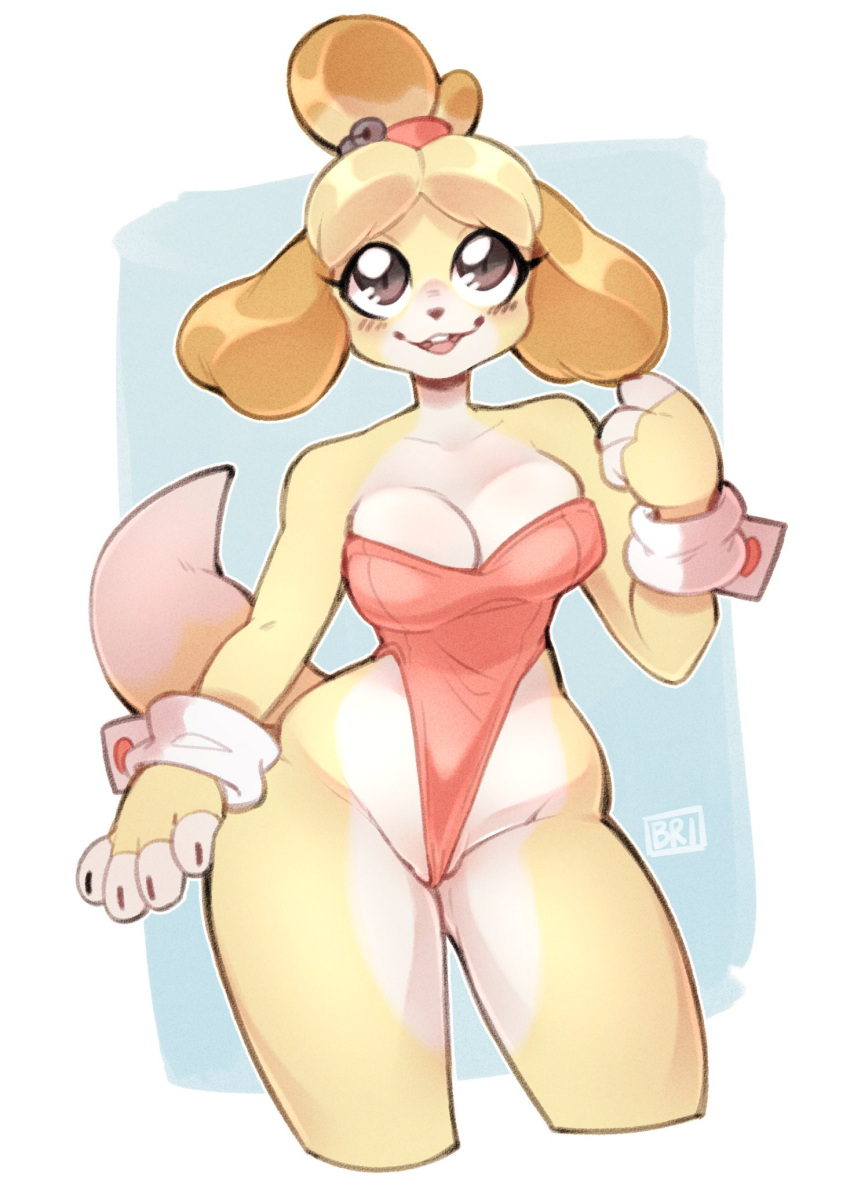 1girls animal_crossing animal_humanoid anthro breasts brown_eyes canid canine canis cleavage clothed clothing dog_ears dog_girl dog_tail female female_only fur furry furry_only isabelle_(animal_crossing) leotard medium_breasts nintendo punkinbuu solo solo_female tail thick_thighs yellow_fur