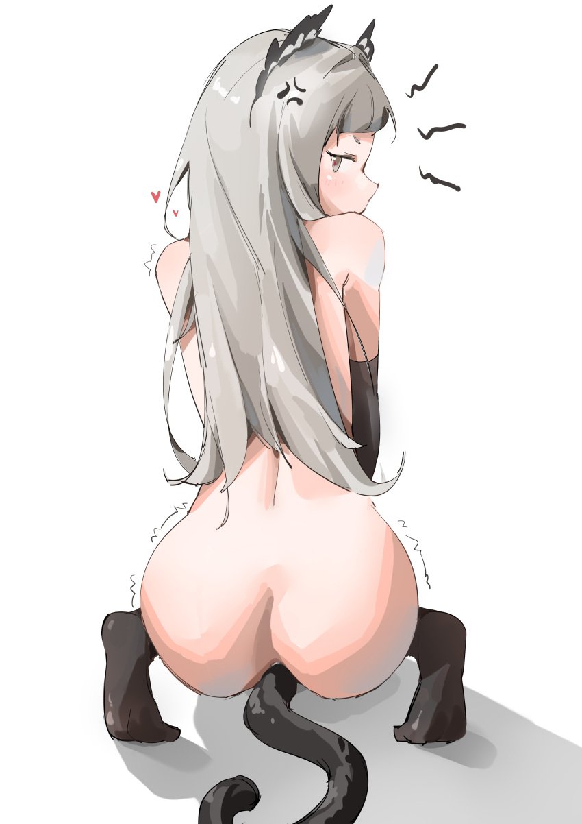 absurdres anal anal_object_insertion anger_vein arknights ass black_legwear blush cat_tail elbow_gloves fake_tail from_behind full_body gloves grey_eyes grey_hair head_wings heart highres irene_(arknights) kneeling long_hair looking_at_viewer looking_back motion_lines nude object_insertion shin_maboroshi simple_background tail trembling white_background