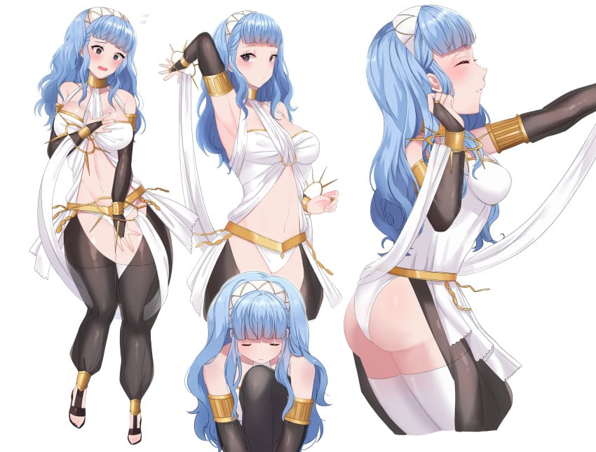 1girls 2023 absurdres alternate_costume alternate_hairstyle ass big_ass blue_hair blush brown_eyes cleavage closed_eyes cosplay dancer dancer_outfit embarrassed female female_only fire_emblem fire_emblem:_three_houses fire_emblem_awakening fire_emblem_warriors:_three_hopes highres light-skinned_female light_skin lilshironeko long_hair marianne_von_edmund medium_breasts multiple_views nintendo official_alternate_hairstyle olivia_(fire_emblem)_(cosplay) panties solo stockings underwear white_background white_panties