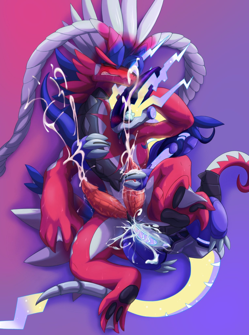 anal anal_sex animal_genitalia animal_penis blush bodily_fluids claws cum diphallia diphallism dragon erection feathers genital_fluids genitals hemipenes hi_res koraidon legendary_pokémon male male/male male_only male_penetrated male_penetrating male_penetrating_male miraidon multi_genitalia multi_penis mythil_flower nintendo nude penetration penis pokémon_(species) pokemon pokemon_sv red_body tire video_games