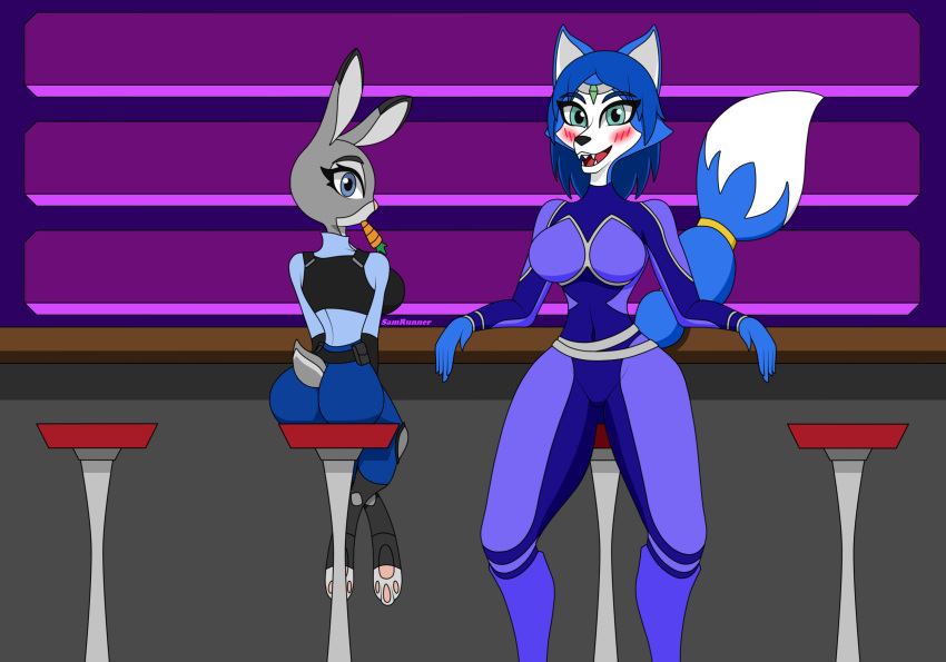 2girls ass big_ass big_breasts blue_body blue_eyes blue_hair blue_skin blush breasts bunny bunny_girl clothing crossed_legs fox fox_girl fur furry furry_only grey_body judy_hopps krystal krystal_(assault_outfit) looking_at_viewer looking_back medium_breasts open_legs rabbit rabbit_girl samrunner star_fox stockings tail thick_thighs thighhighs thighs zootopia