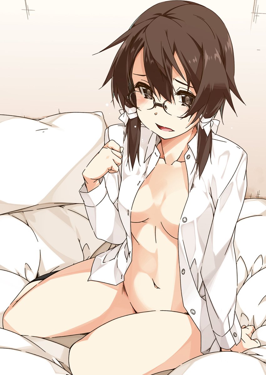 1girls asada_shino bed black_eyes black_hair bottomless breasts female glasses hair_ribbon looking_at_viewer medium_breasts navel open_mouth open_shirt pillow pillows shikei shirt short_hair_with_long_locks sinon solo solo_female sword_art_online