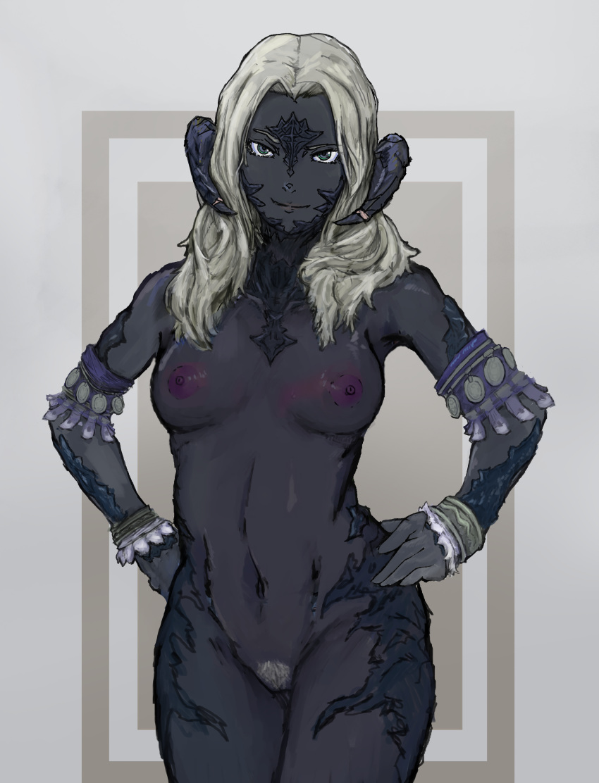 1girls au_ra breasts dark-skinned_female dark_skin dragon_girl female female_only final_fantasy final_fantasy_xiv green_eyes hands_on_hip horn_ring horns little_sun nipples nude nude_female pubic_hair sadu_dotharl scales smile square_enix thick_thighs tumubar_(artist) white_background white_hair white_pubic_hair xaela