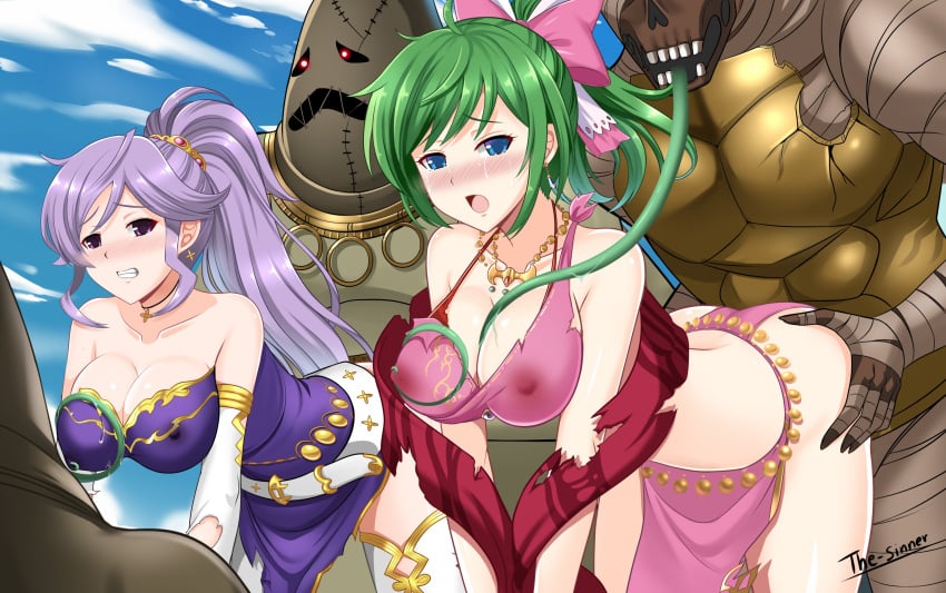 2girls 2monsters ambiguous_penetration bent_over blue_eyes breast_grab breast_squeeze breasts clothed_sex dress female fire_emblem fire_emblem:_genealogy_of_the_holy_war gangbang green_hair highres implied_penetration ishtar_(fire_emblem) lene_(fire_emblem) long_tongue monster monster_rape multiple_girls nipples_visible_through_clothing open_mouth outdoors outside_sex purple_hair rape risen_(fire_emblem) skirt taken_from_behind tentacle tentacle_rape tentacles_under_clothes the-sinner thighhigh_boots tongue torn_clothes