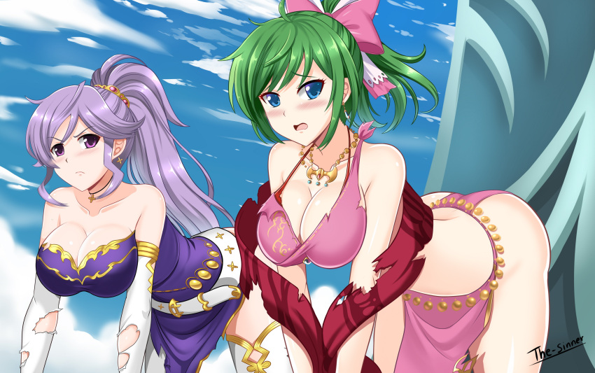 2girls all_fours ass bangs bent_over blue_eyes bow breasts cleavage dress female fire_emblem fire_emblem:_genealogy_of_the_holy_war green_hair highres ishtar_(fire_emblem) lene_(fire_emblem) nintendo open_mouth outdoors ponytail purple_eyes purple_hair skirt the-sinner thighhigh_boots torn_clothes