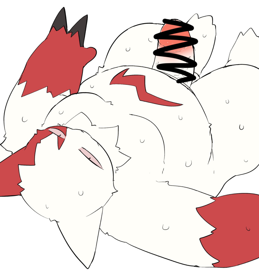 anthro belly bodily_fluids claws erection fur genitals hi_res looking_at_viewer lying male mixeeeel moobs nintendo on_back overweight penis pink_eyes pokémon_(species) pokemon pokemon_(species) sweat thick_thighs video_games white_body white_fur zangoose