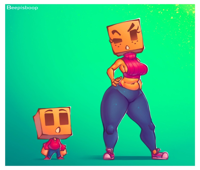 1boy1girl beepisboop big_breasts cube freckles original_character sideboob size_difference staring thick_thighs yellow_skin