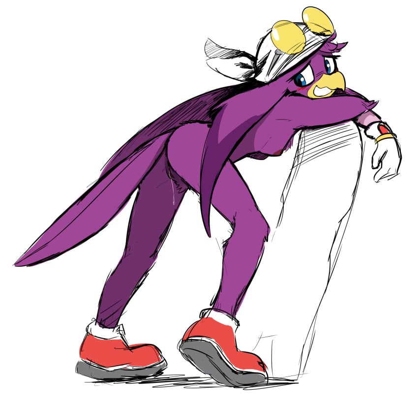 2020 absurd_res anthro ass avian bandana beak bent_over bird blue_eyes blush bodily_fluids clothing dripping eyewear eyewear_on_head feathers female footwear genital_fluids genitals glasses glasses_on_head gloves handwear hi_res hirundinid kerchief looking_back oscine passerine purple_body purple_feathers pussy pussy_juice pussy_juice_drip sega shoes simple_background solo sonic_(series) sonic_riders swallow_(bird) the-minuscule-task wave_the_swallow white_background