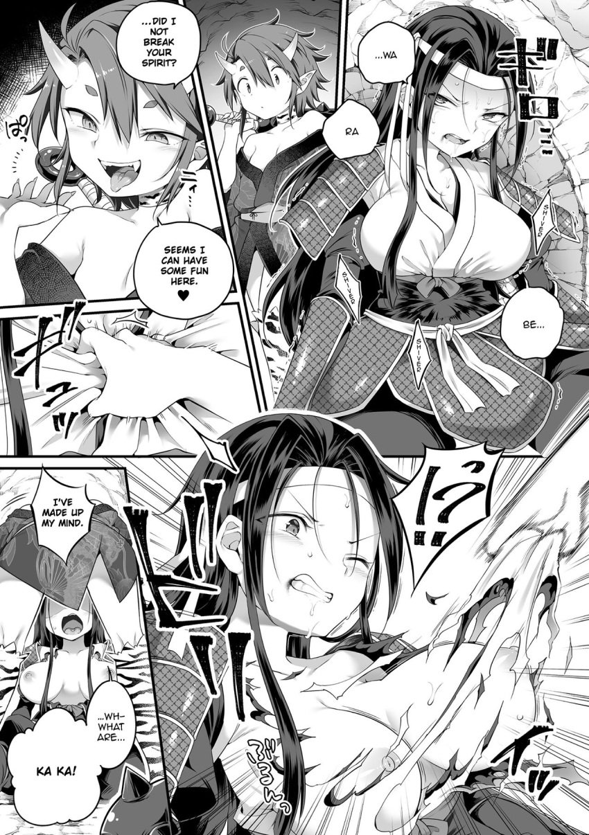 armor big_breasts censored club defeated doujinshi english_dialogue english_text harusame headband horns kimono long_hair monochrome oni original samurai short_hair small_breasts sweat sweatdrop sword torn_clothes translated yuri