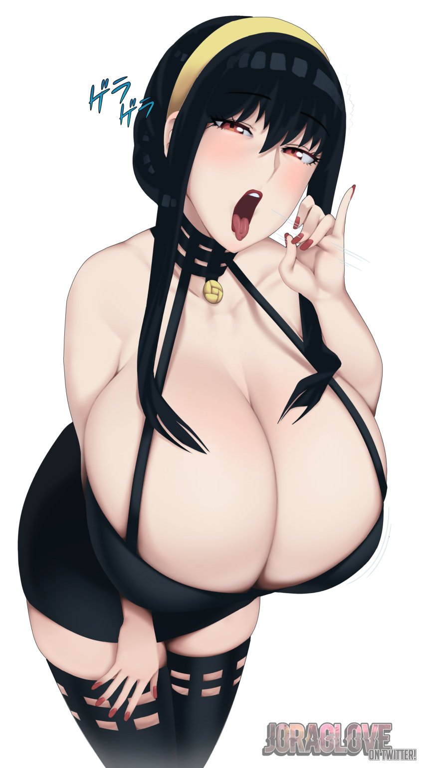 1girls absurd_res absurdres action_lines artist_name artist_signature bare_shoulders bedroom_eyes big_breasts black_hair blush blush blushing_at_viewer breast_focus breasts breasts_focus busty cleavage curvy eye_contact fellatio_gesture female female_focus female_only hairband half-closed_eyes halter_top halterneck hand_gesture high_resolution highres huge_breasts japanese_text joraglove large_breasts leaning_forward light-skinned_female light_skin lipstick looking_at_viewer motion_lines nail_polish narrowed_eyes open_mouth painted_nails pov_eye_contact red_eyes red_lipstick red_nails sexually_suggestive simple_background solo solo_female solo_focus spy_x_family suggestive suggestive_gesture suggestive_look tagme text thighhighs thighs tongue tongue_out voluptuous white_background yor_briar yor_forger