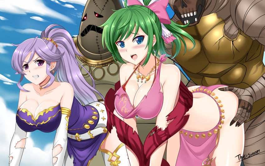 2girls 2monsters ambiguous_penetration bent_over blue_eyes breasts clothed_sex dress female fire_emblem fire_emblem:_genealogy_of_the_holy_war gangbang green_hair highres ishtar_(fire_emblem) lene_(fire_emblem) monster monster_rape multiple_girls open_mouth outdoors outside_sex purple_hair rape risen_(fire_emblem) skirt taken_from_behind the-sinner thighhigh_boots torn_clothes